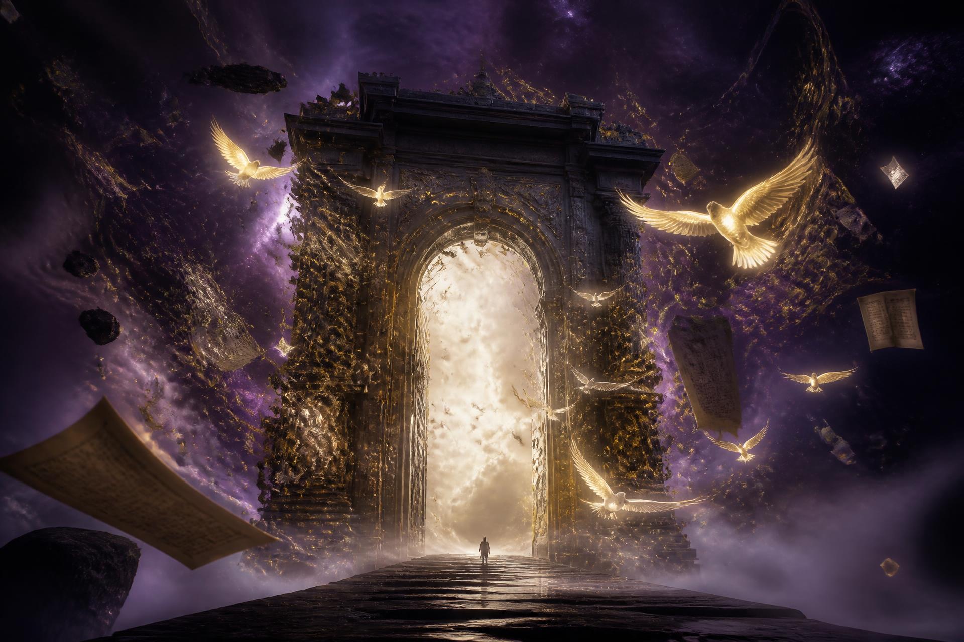 A vast portal of golden ink and stone arches