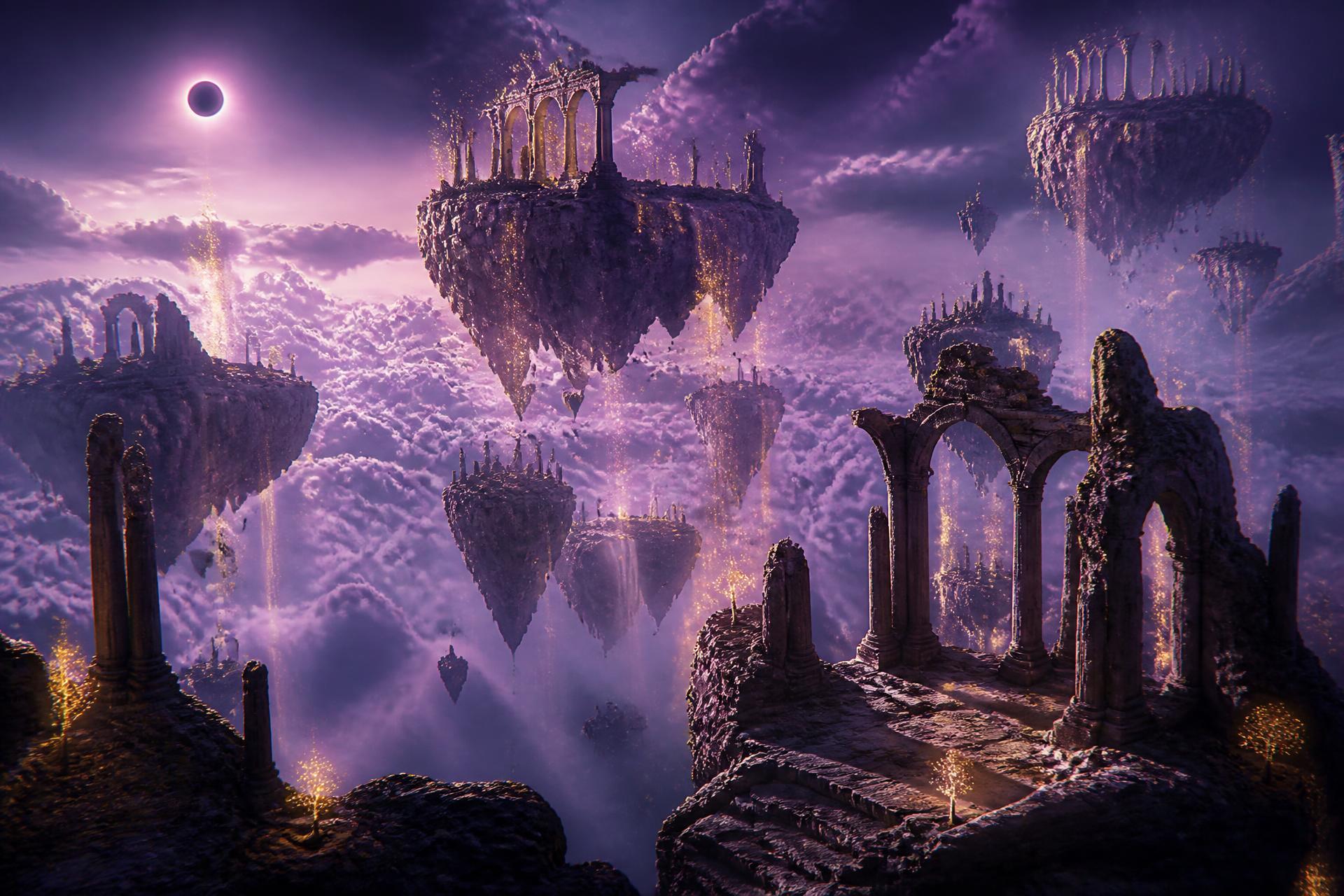 A cinematic floating realm of ancient ruins in a violet sky